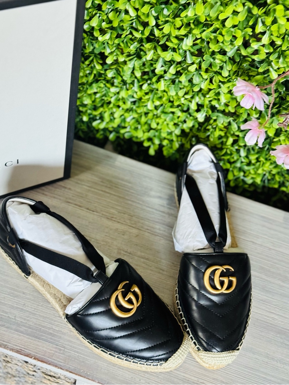New Gucci Marmont black leather flat espadrille ballerina style size 38